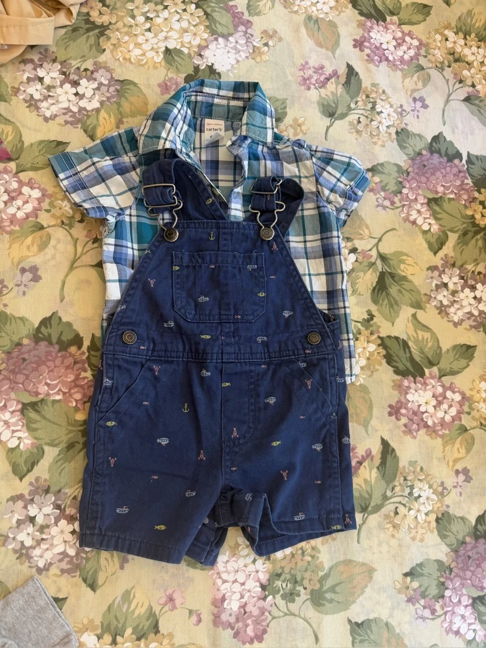 Carter's Navy Short Embroidered Overall Romper with Plaid Shirt